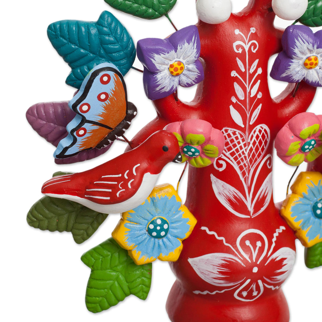 Hand-Painted Floral Ceramic Dove Tree Sculpture in Red - Majestic Tree in Red