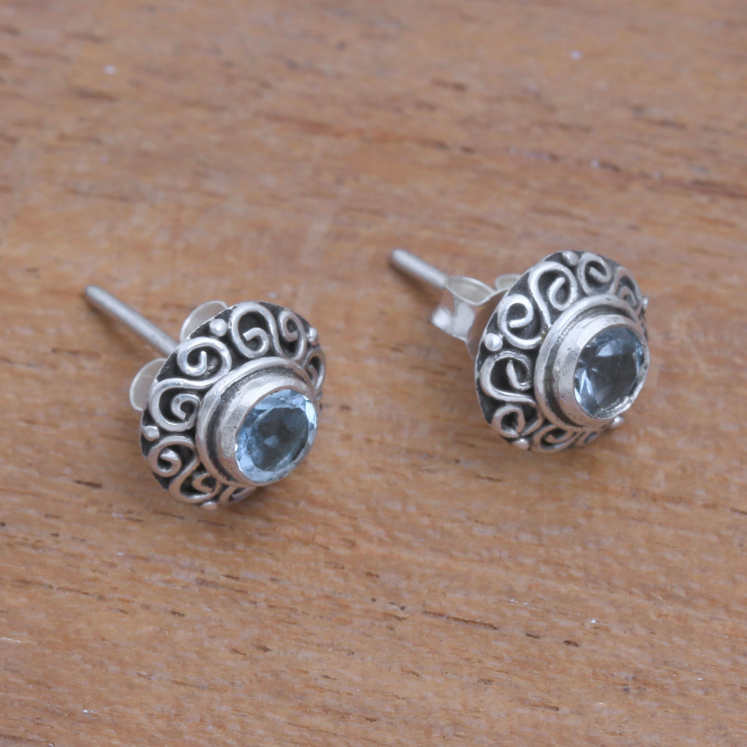Swirl Pattern Blue Topaz Stud Earrings from Bali - God Eye