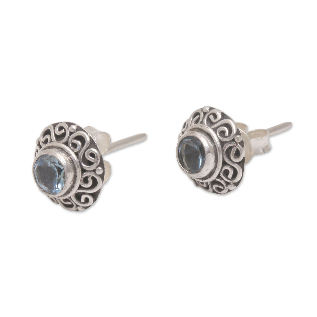 Swirl Pattern Blue Topaz Stud Earrings from Bali - God Eye