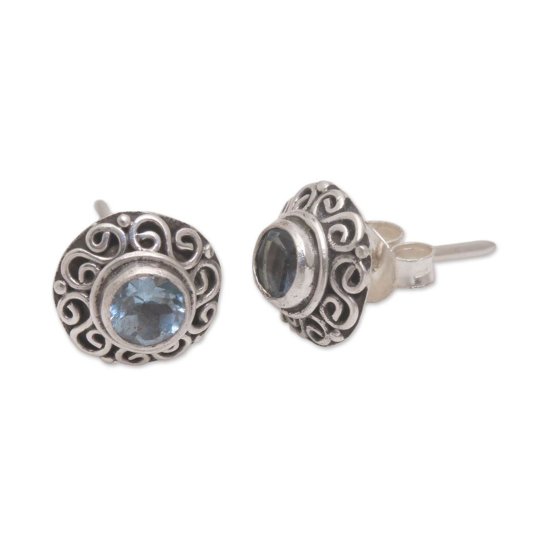 Swirl Pattern Blue Topaz Stud Earrings from Bali - God Eye