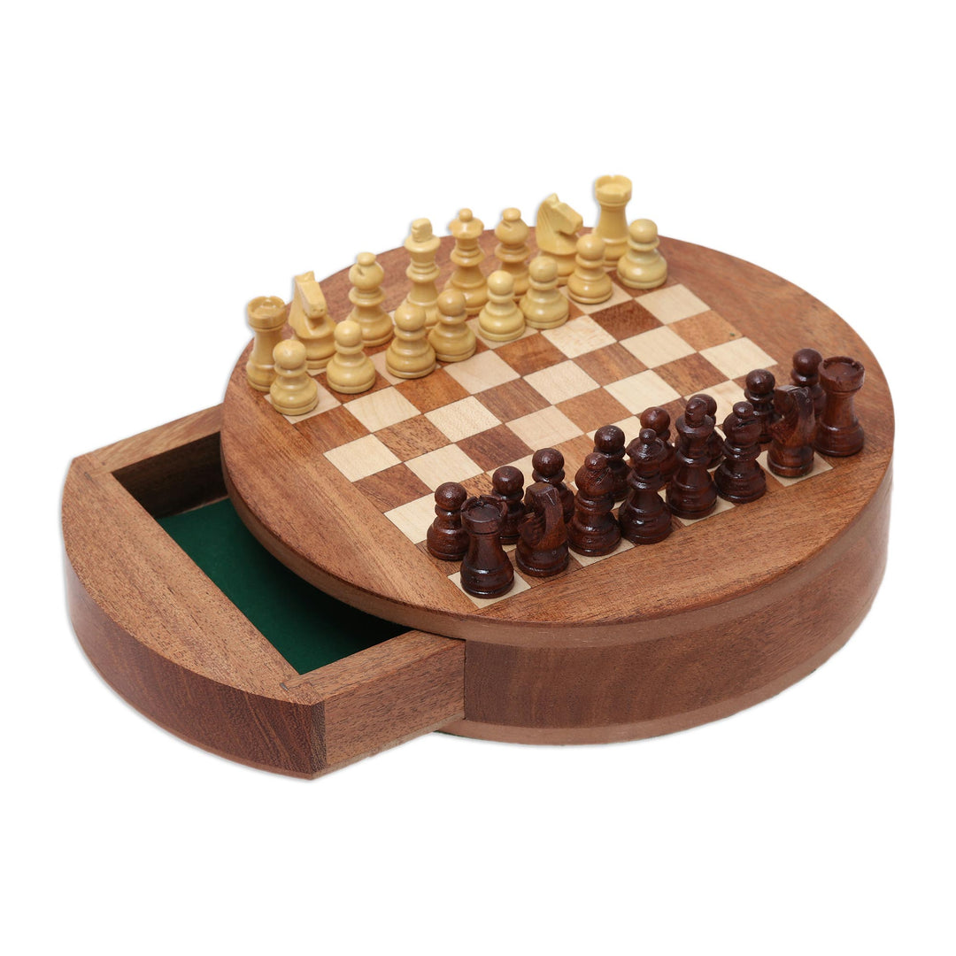 Handcrafted Round Acacia and Kadam Wood Chess Set from India - Fun Times