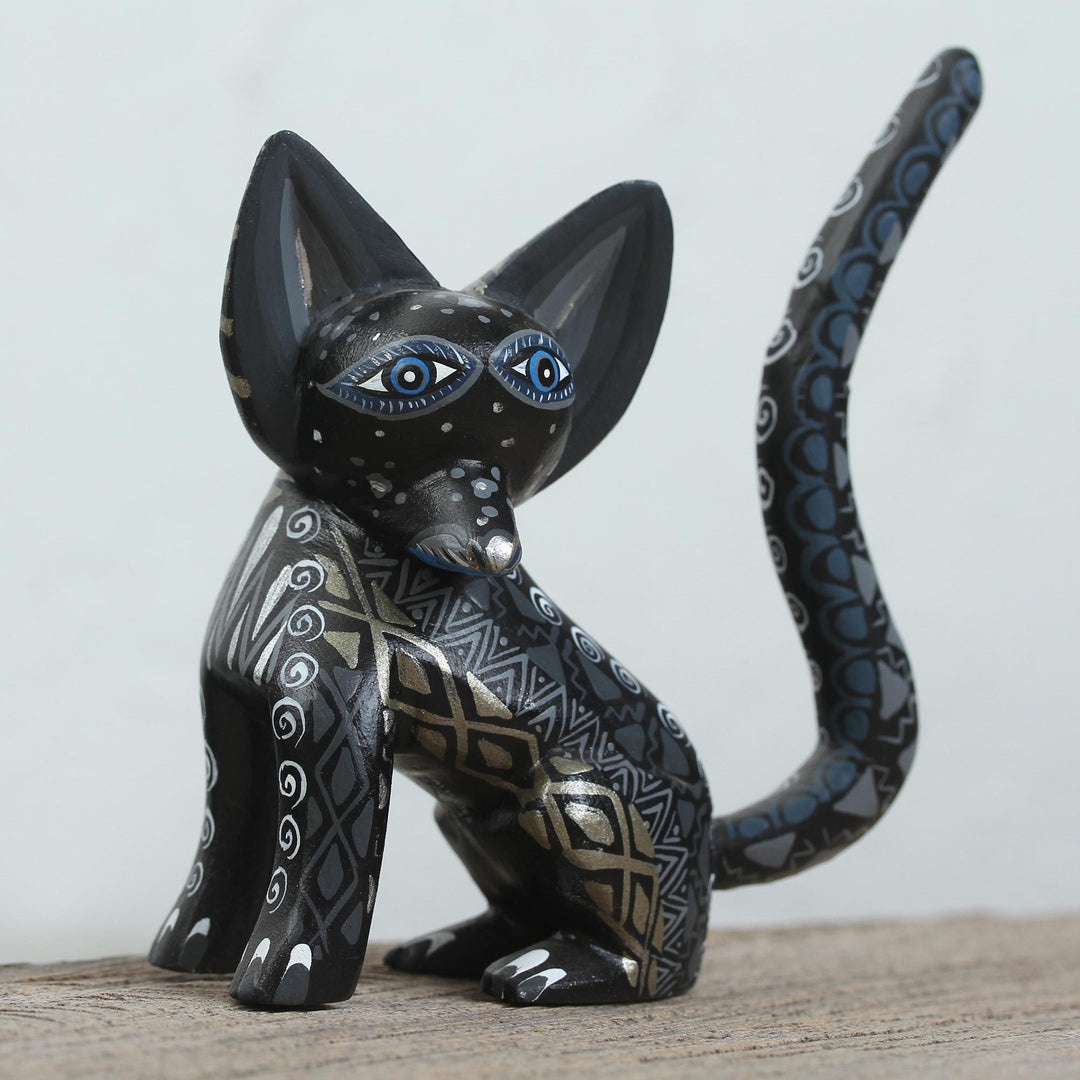 Wood Alebrije Fox Figurine in Black from Mexico - Black Fox
