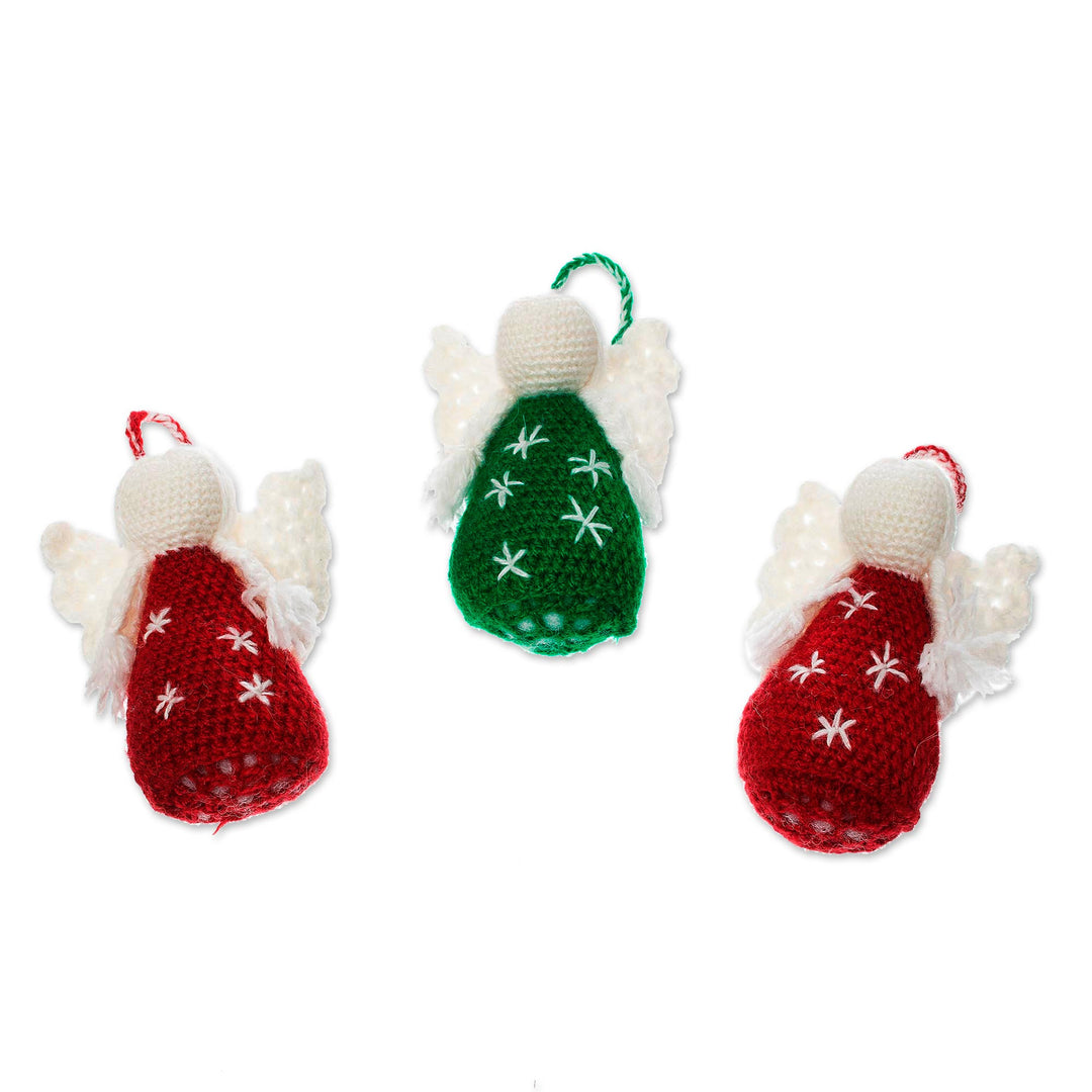 Crocheted Angel Ornaments in Red and Green (Set of 3) - Festive Angels
