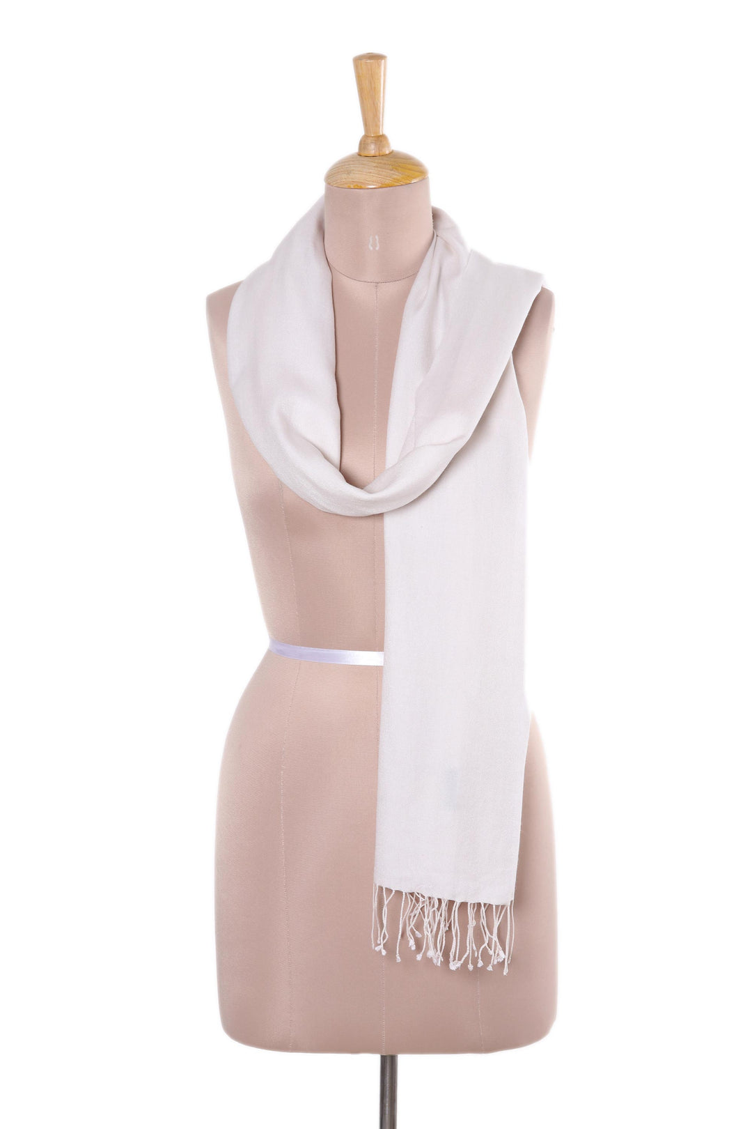 White Silk and Wool Blend Fringed Scarf from India - Swan Feather