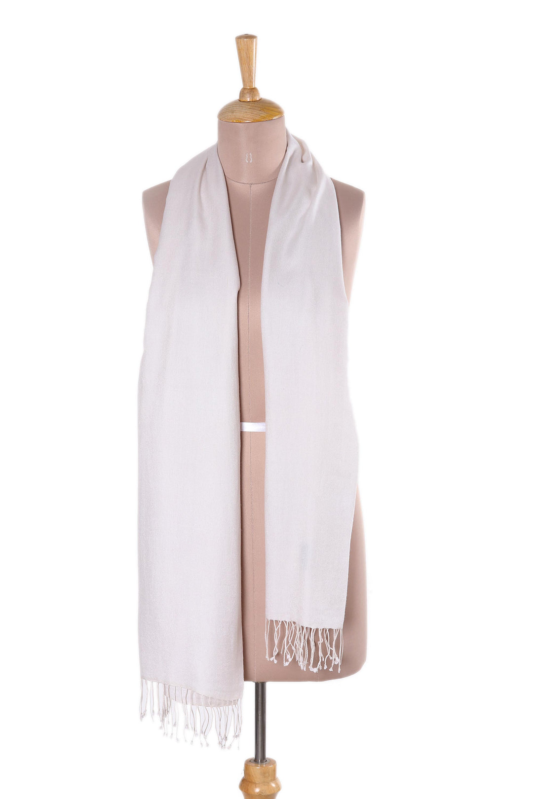 White Silk and Wool Blend Fringed Scarf from India - Swan Feather