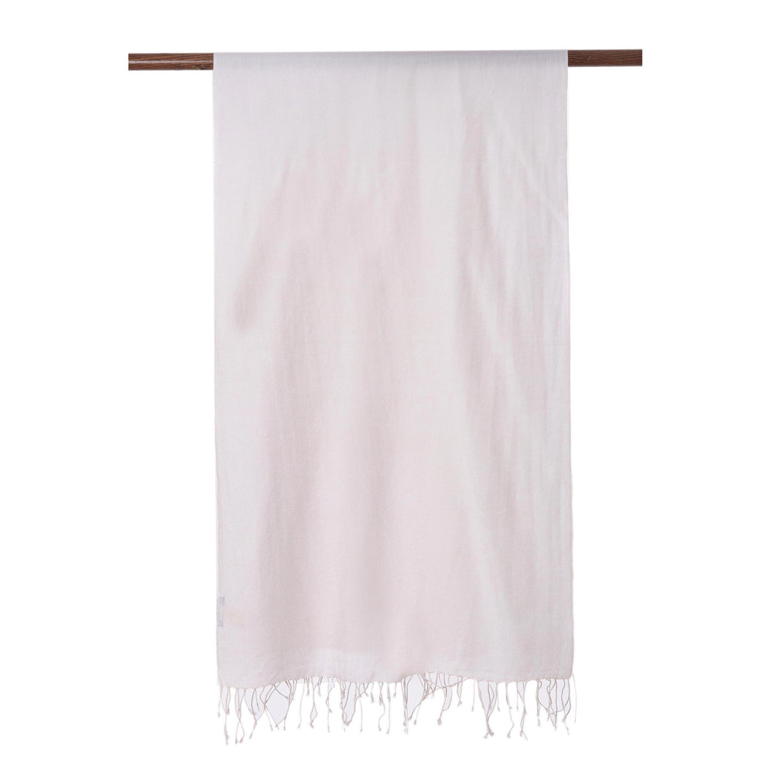 White Silk and Wool Blend Fringed Scarf from India - Swan Feather