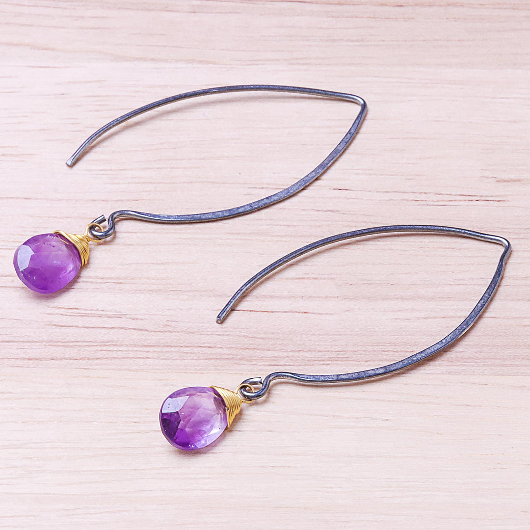 Gold Accent Amethyst Dangle Earrings from Thailand - Midnight Meadow