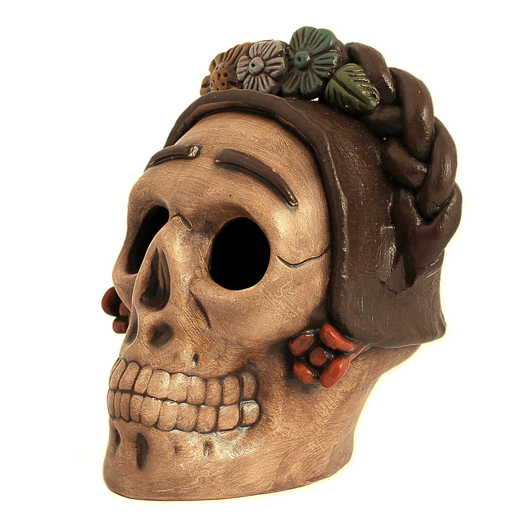 Handcrafted Ceramic Skull Figurine Honoring Frida Kahlo - Honoring Frida