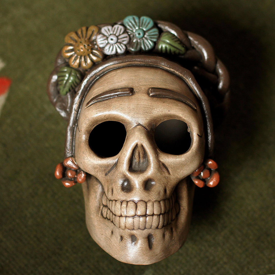 Handcrafted Ceramic Skull Figurine Honoring Frida Kahlo - Honoring Frida