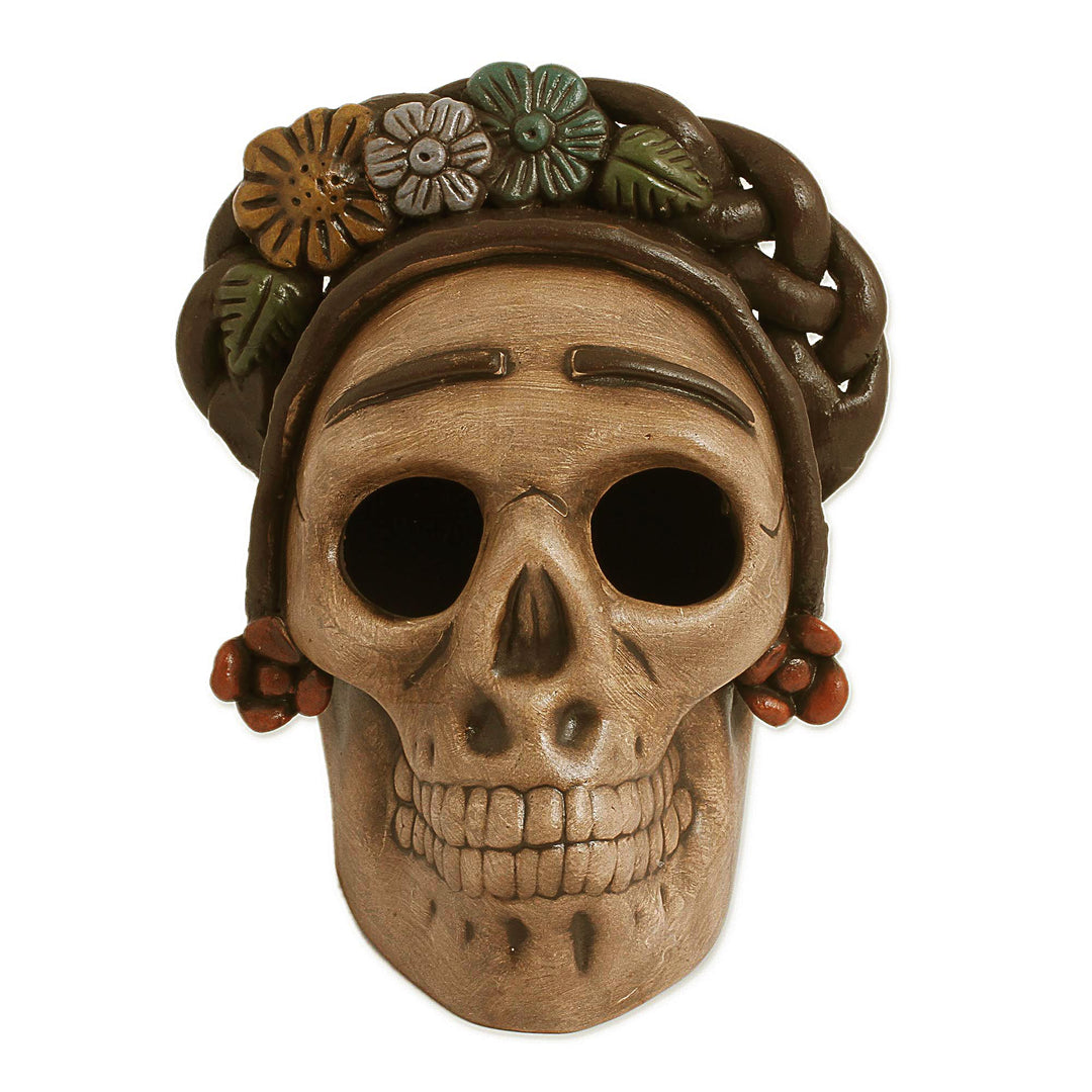 Handcrafted Ceramic Skull Figurine Honoring Frida Kahlo - Honoring Frida