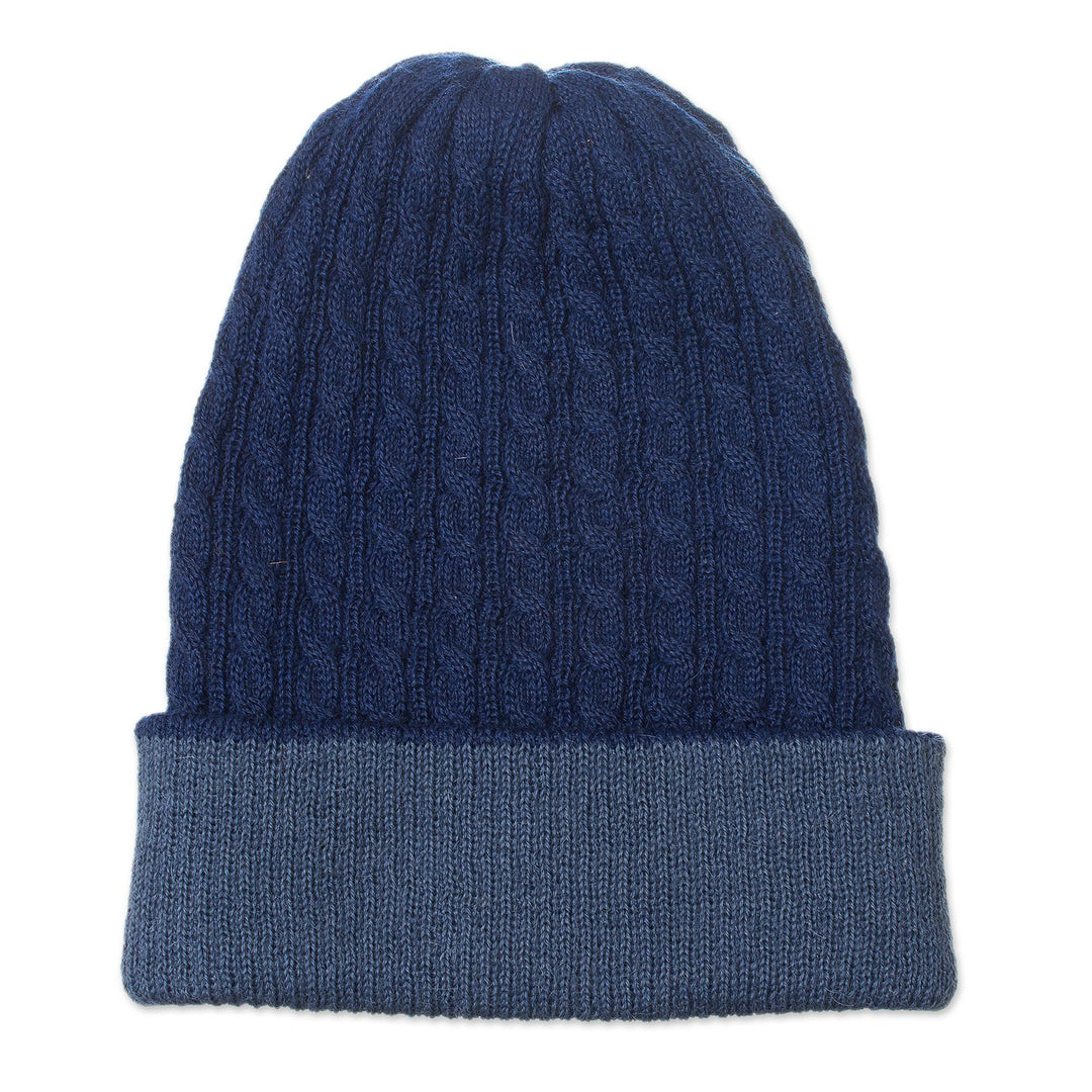 Men's Alpaca Blend Knit Hat in Azure from Peru - The Bells of Huancayo in Azure