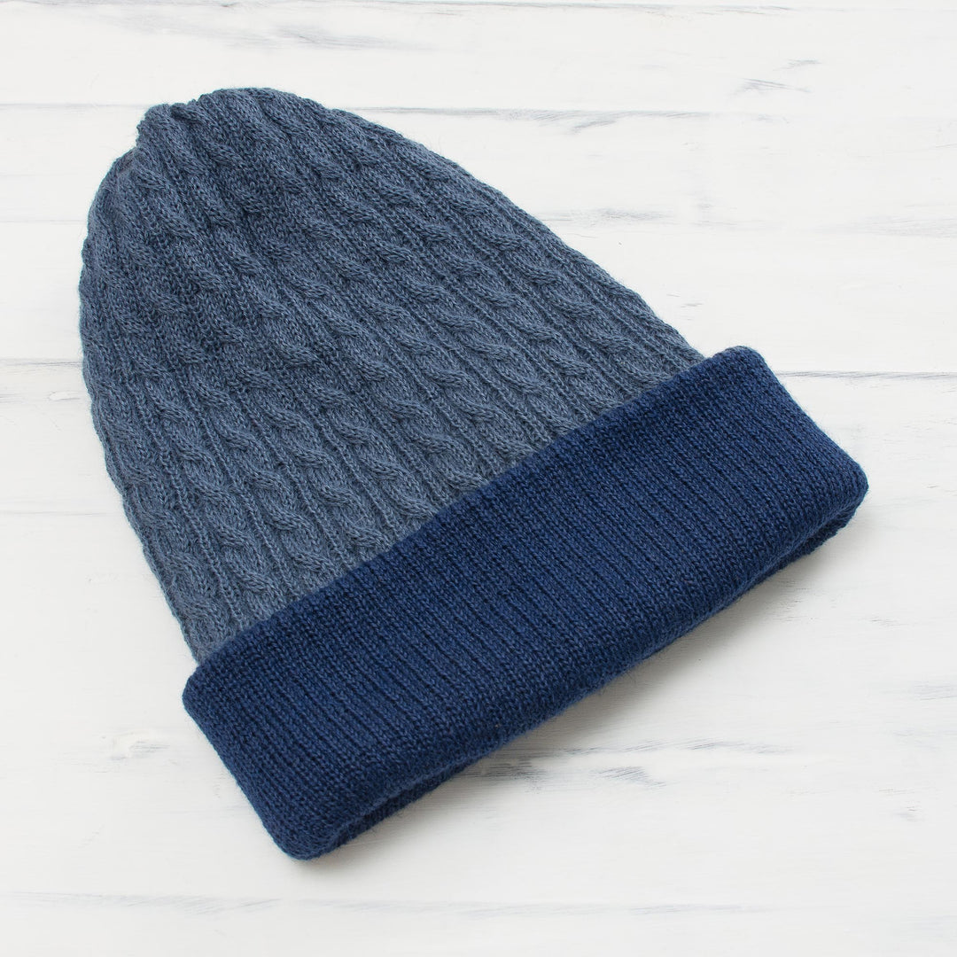 Men's Alpaca Blend Knit Hat in Azure from Peru - The Bells of Huancayo in Azure