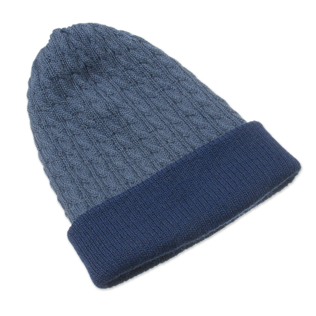 Men's Alpaca Blend Knit Hat in Azure from Peru - The Bells of Huancayo in Azure