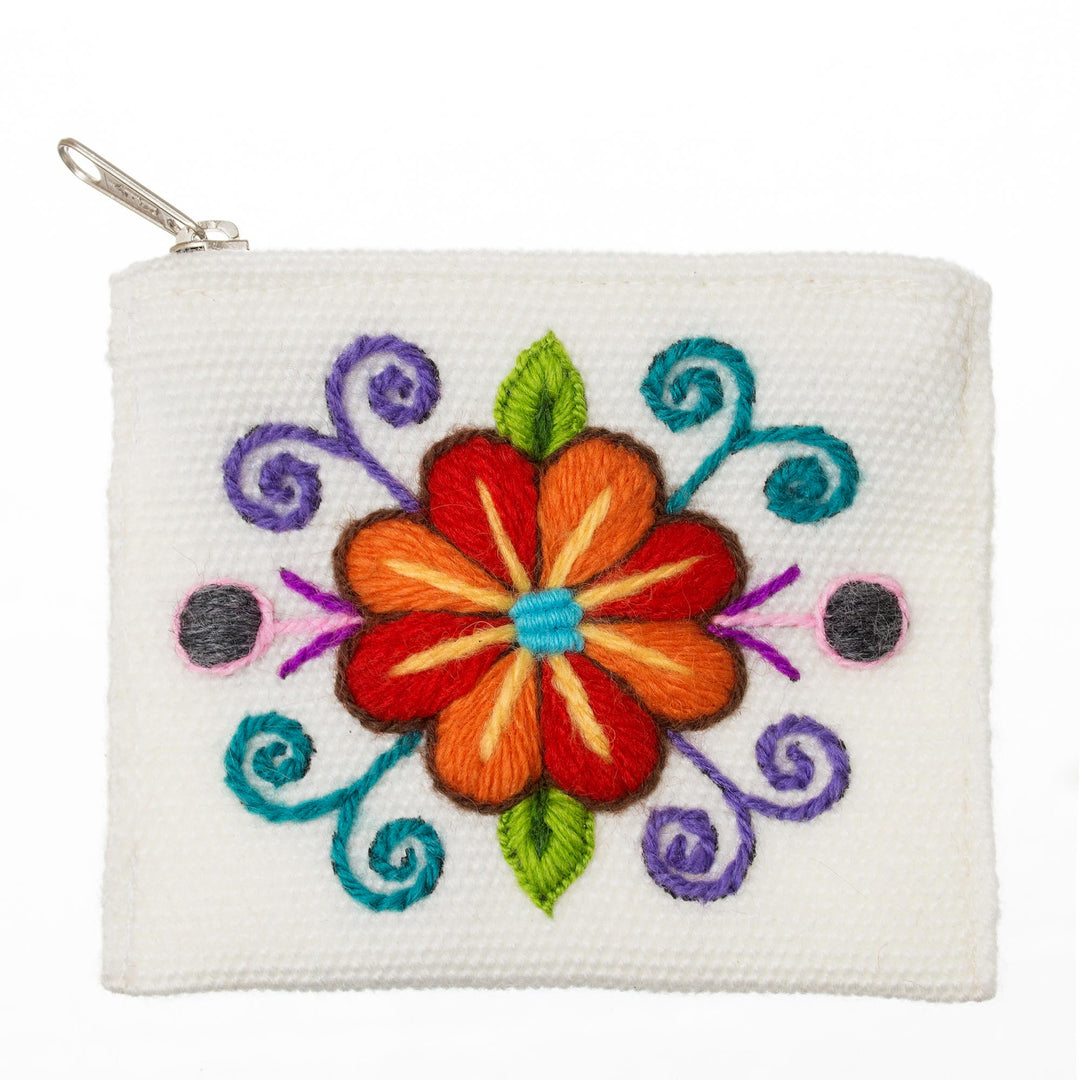 Embroidered Floral White Alpaca Blend Coin Purse - Floral Keeper in White