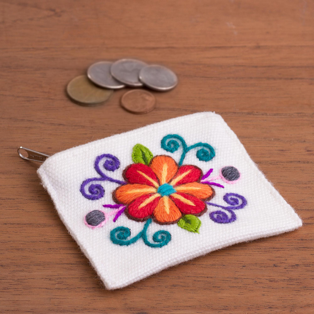 Embroidered Floral White Alpaca Blend Coin Purse - Floral Keeper in White