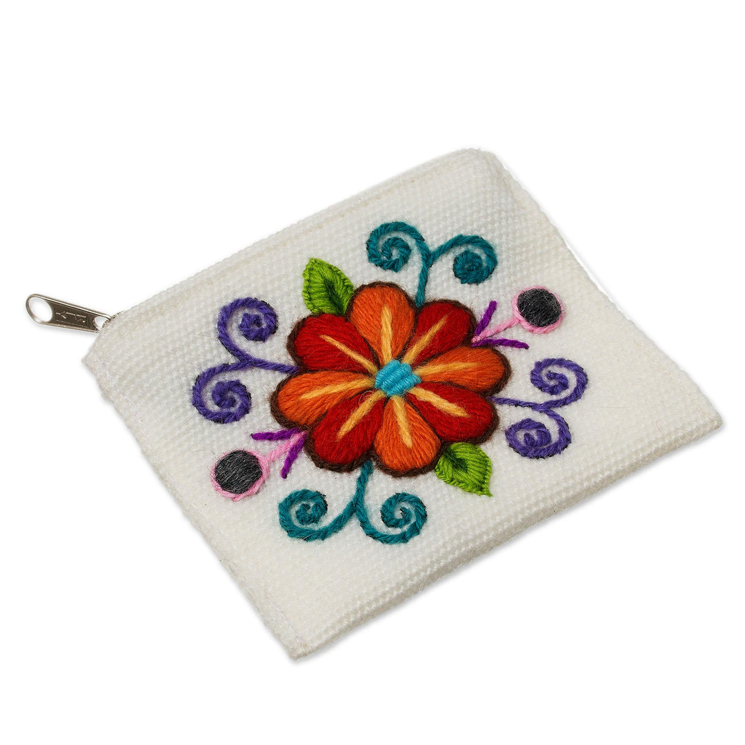 Embroidered Floral White Alpaca Blend Coin Purse - Floral Keeper in White