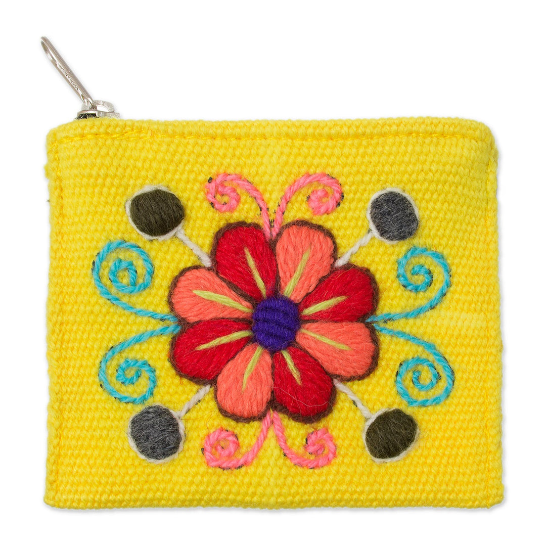 Embroidered Floral Maize Alpaca Blend Coin Purse from Peru - Maize Flower