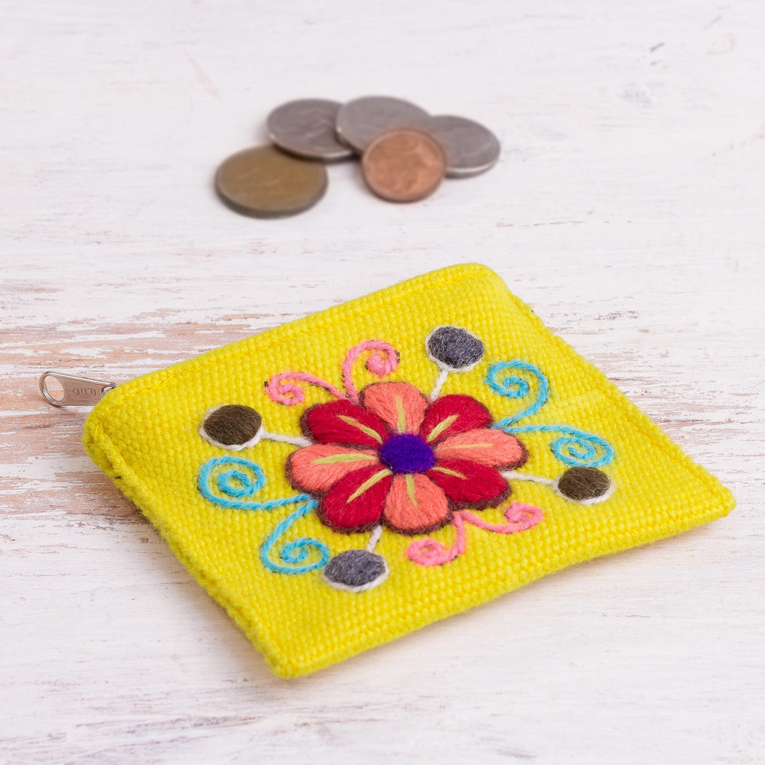 Embroidered Floral Maize Alpaca Blend Coin Purse from Peru - Maize Flower