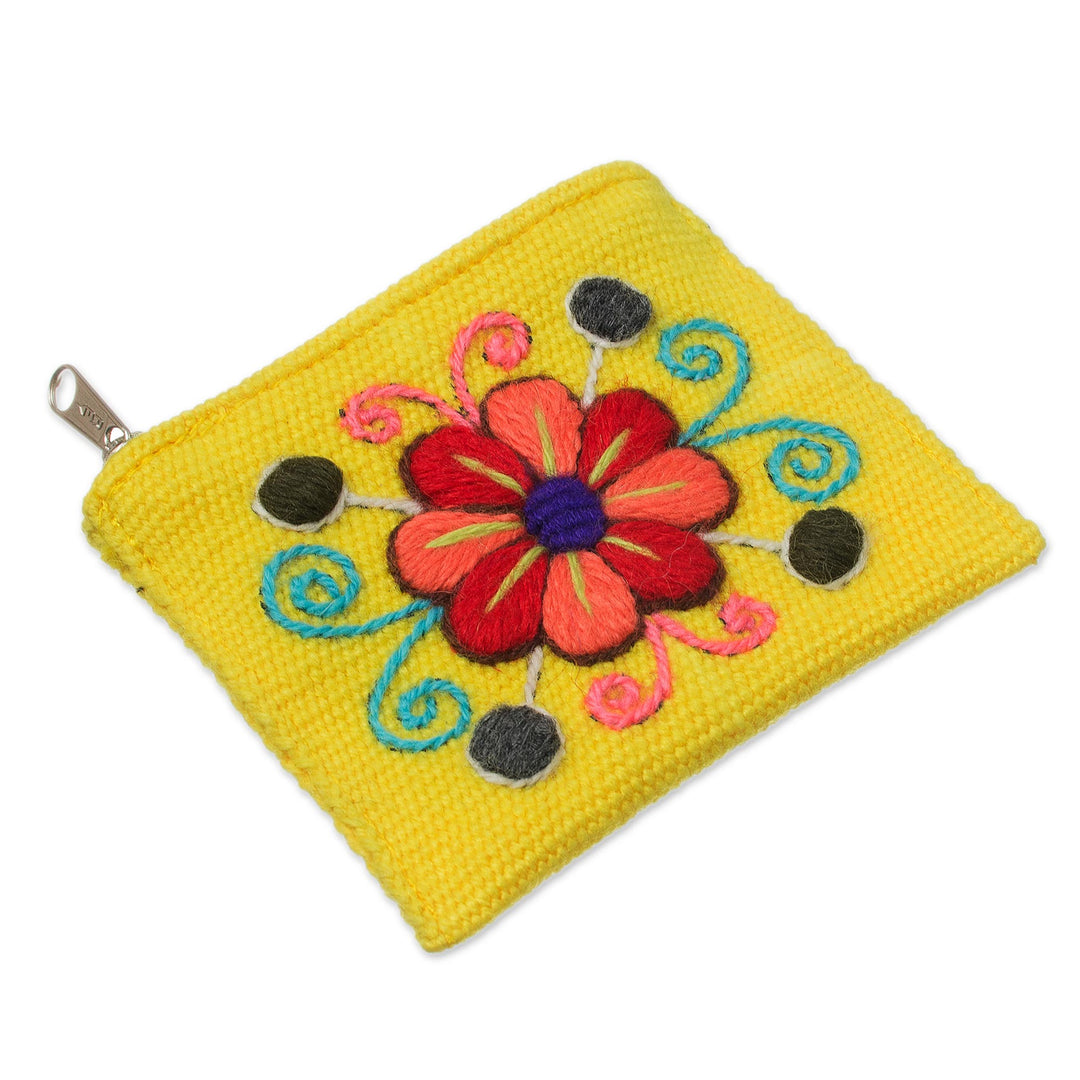 Embroidered Floral Maize Alpaca Blend Coin Purse from Peru - Maize Flower