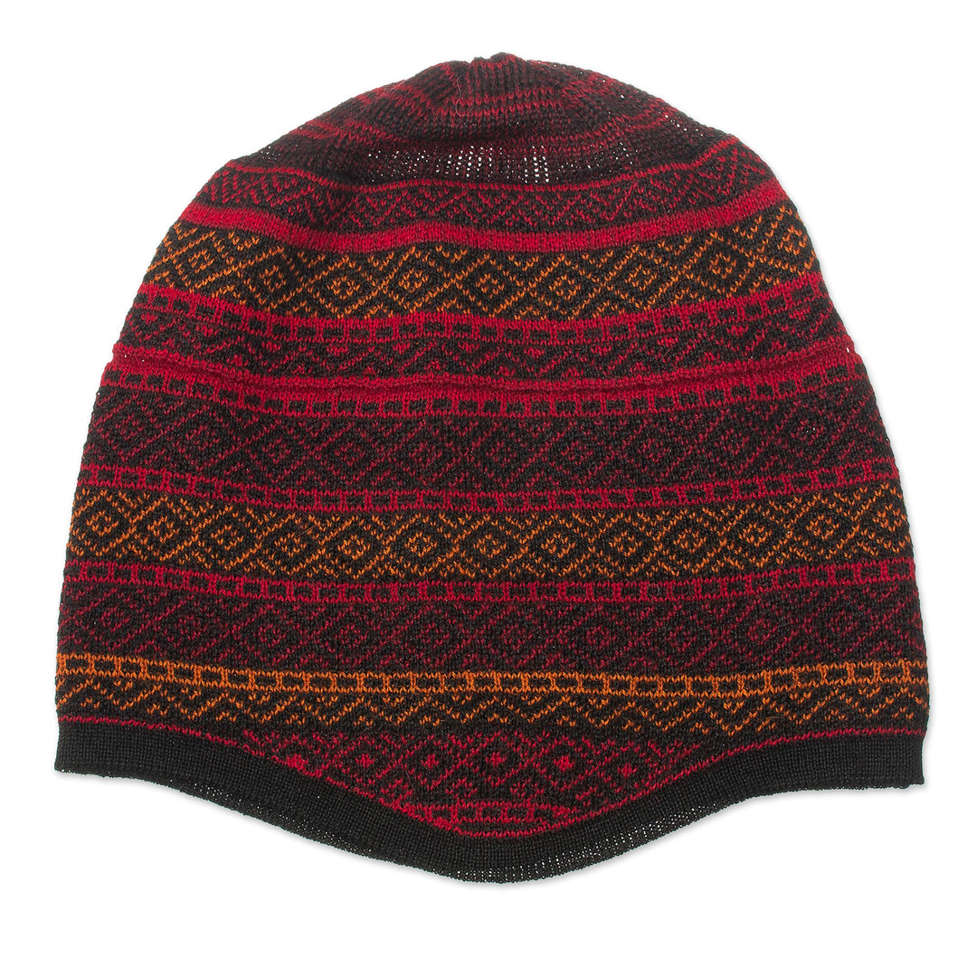 Red and Multicolored Alpaca Blend Knit Hat from Peru - Diamond Warmth