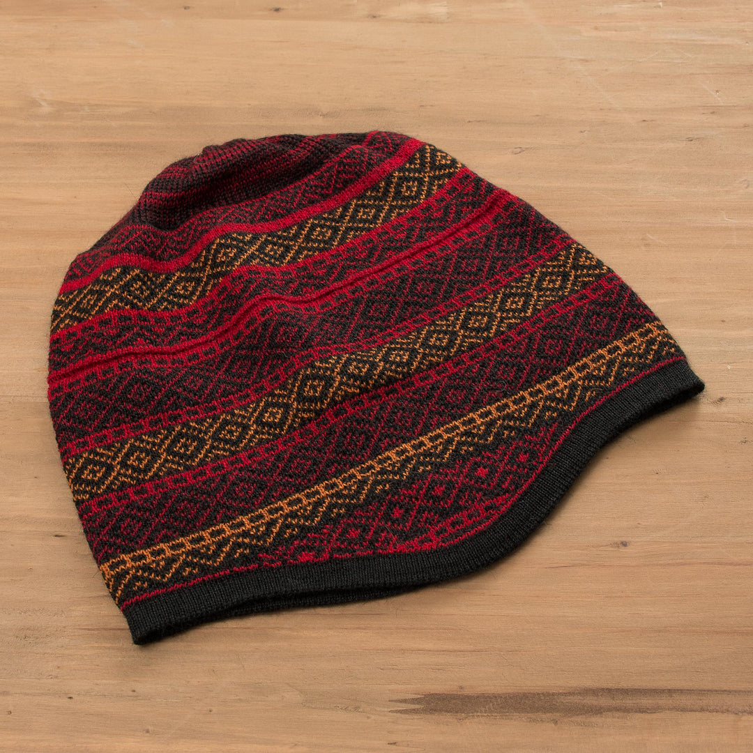 Red and Multicolored Alpaca Blend Knit Hat from Peru - Diamond Warmth