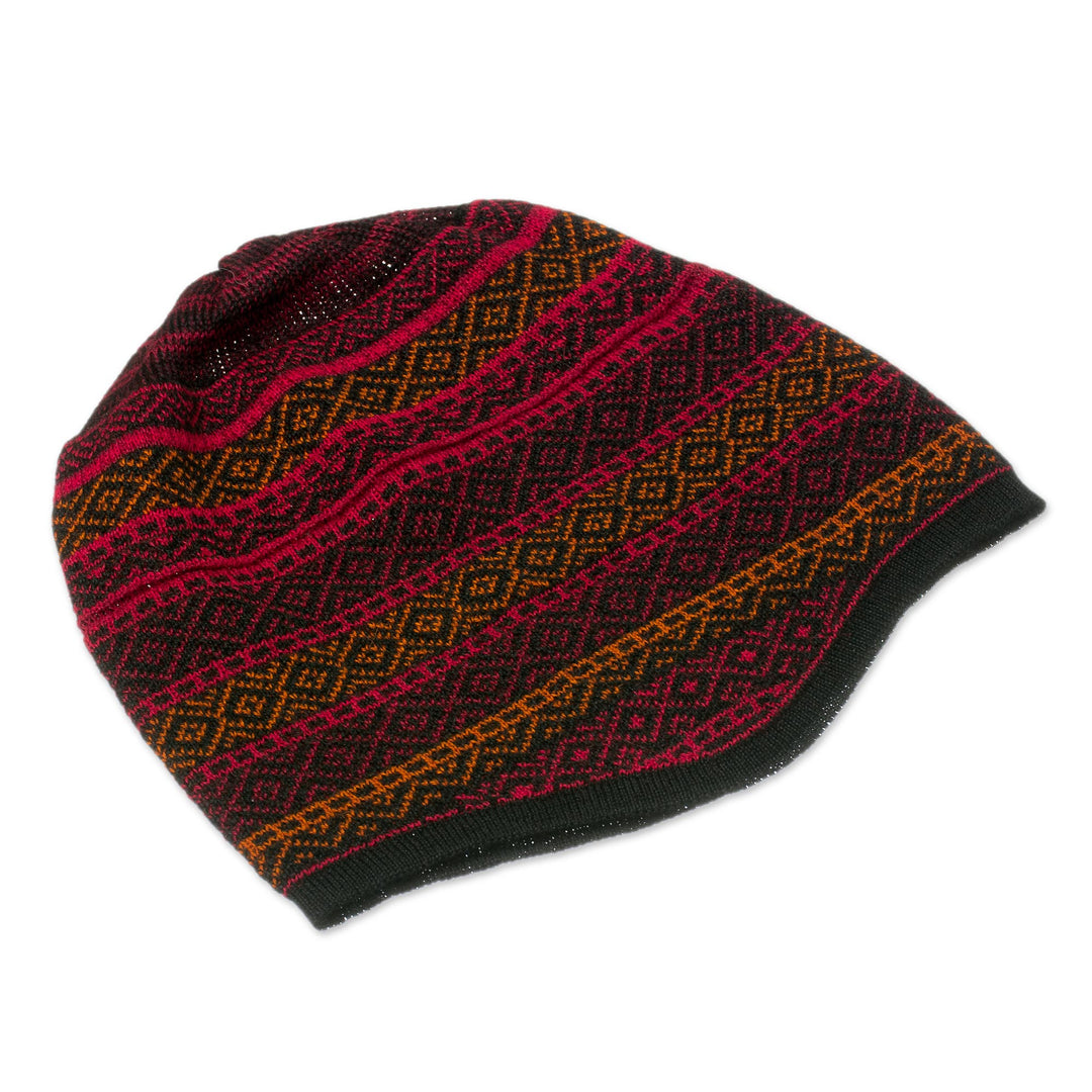 Red and Multicolored Alpaca Blend Knit Hat from Peru - Diamond Warmth
