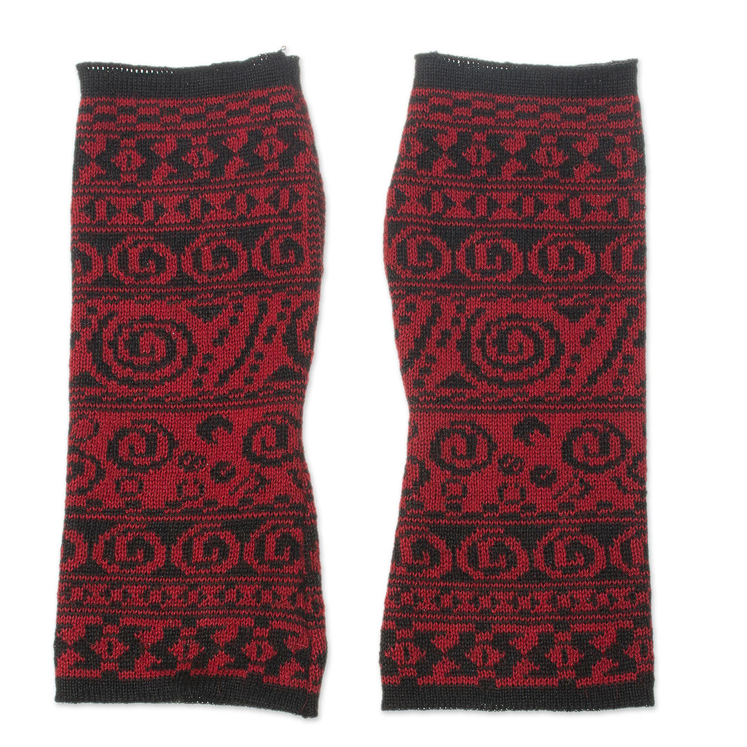 Alpaca Blend Fingerless Gloves in Crimson and Black - Crimson World