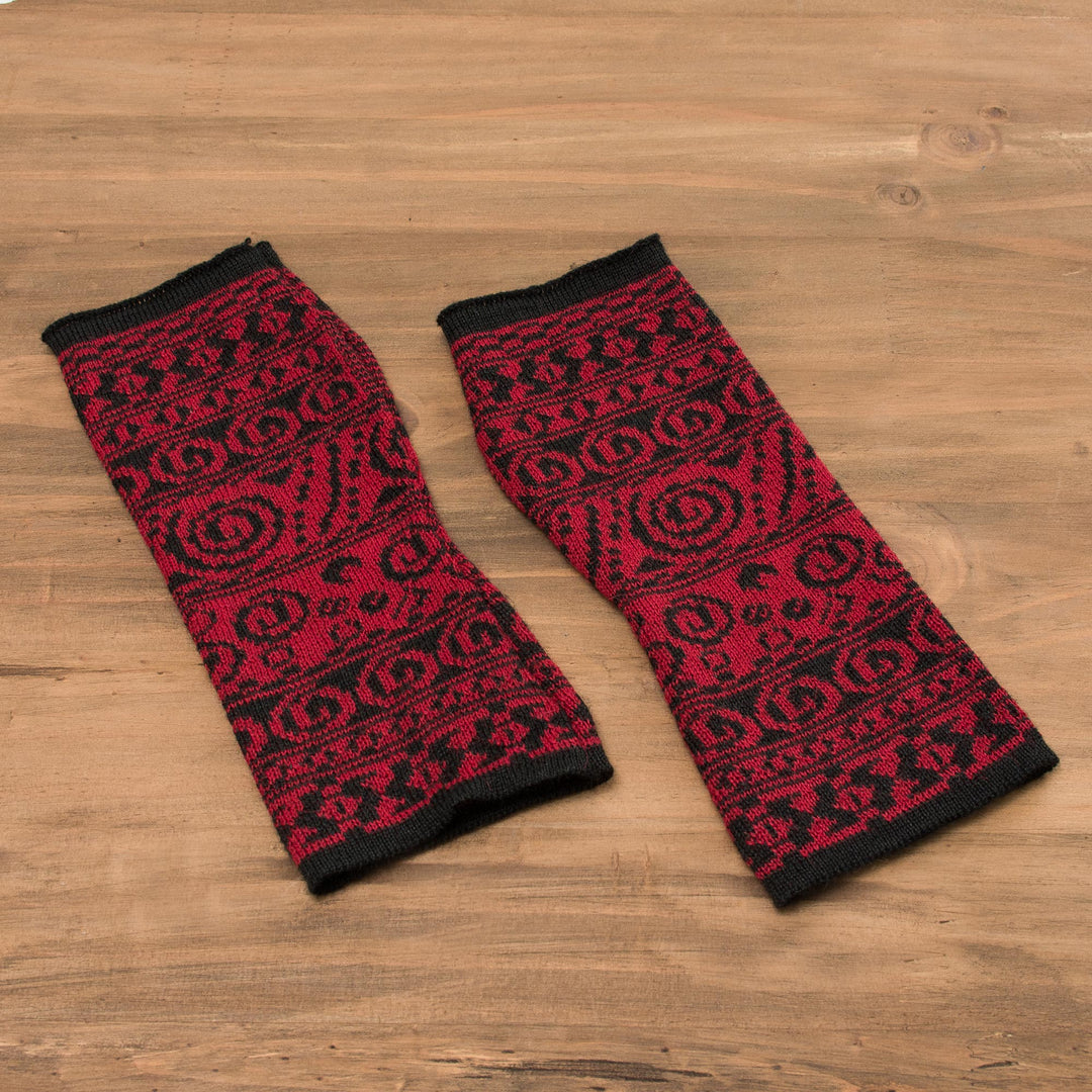 Alpaca Blend Fingerless Gloves in Crimson and Black - Crimson World