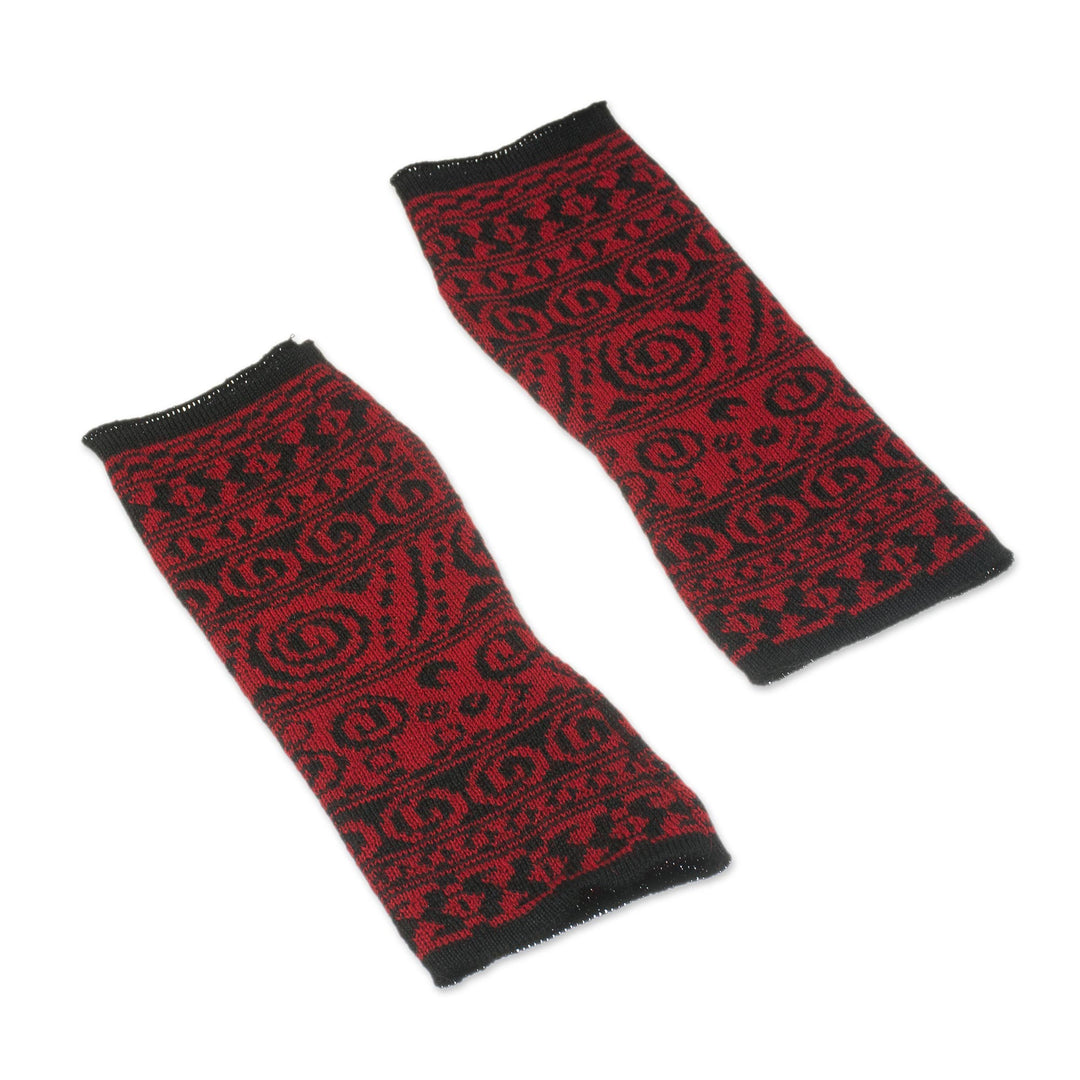 Alpaca Blend Fingerless Gloves in Crimson and Black - Crimson World