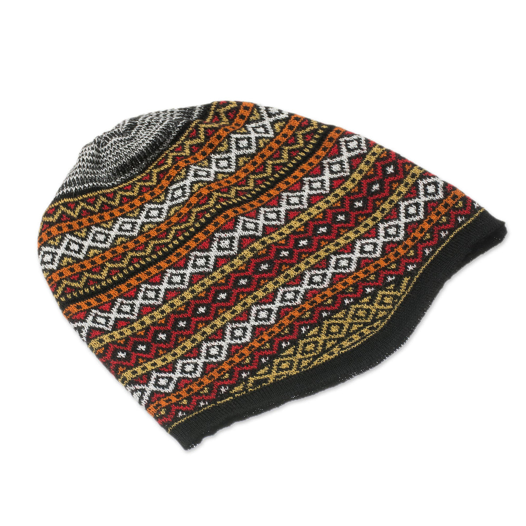 White and Multicolored Alpaca Blend Knit Hat from Peru - Bright Diamonds