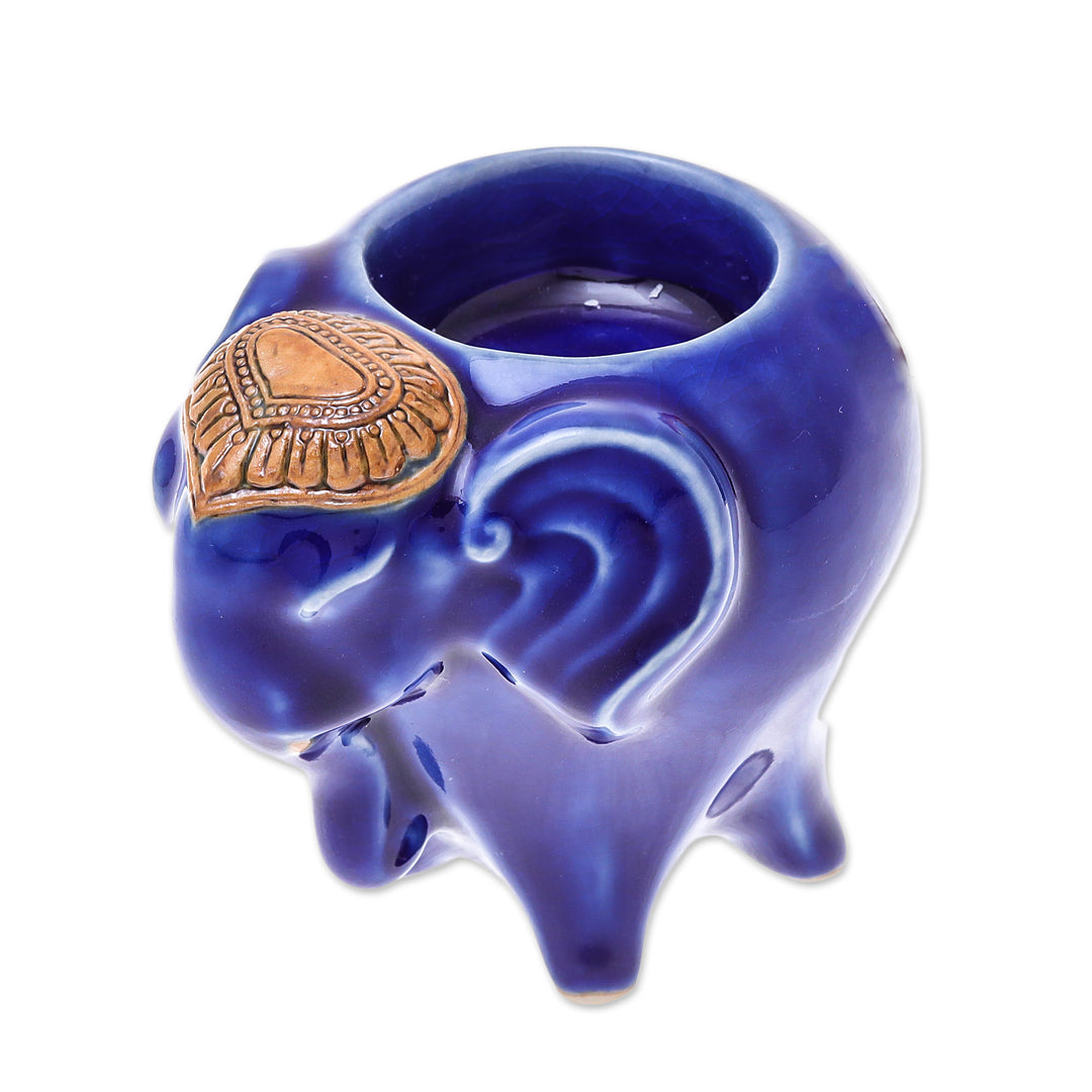 Handcrafted Ceramic Elephant Tealight Holder in Blue - Serene Elephant