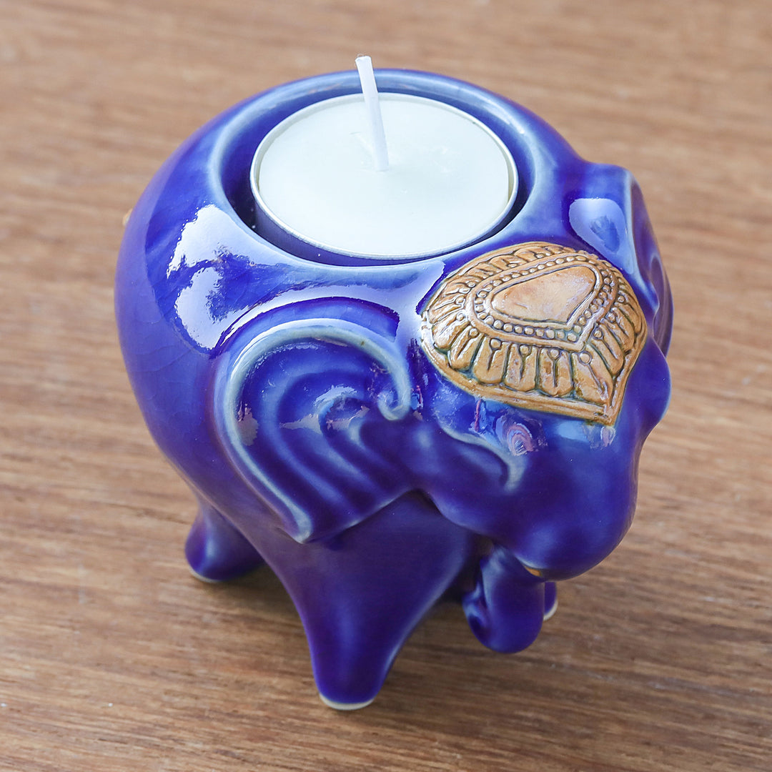 Handcrafted Ceramic Elephant Tealight Holder in Blue - Serene Elephant
