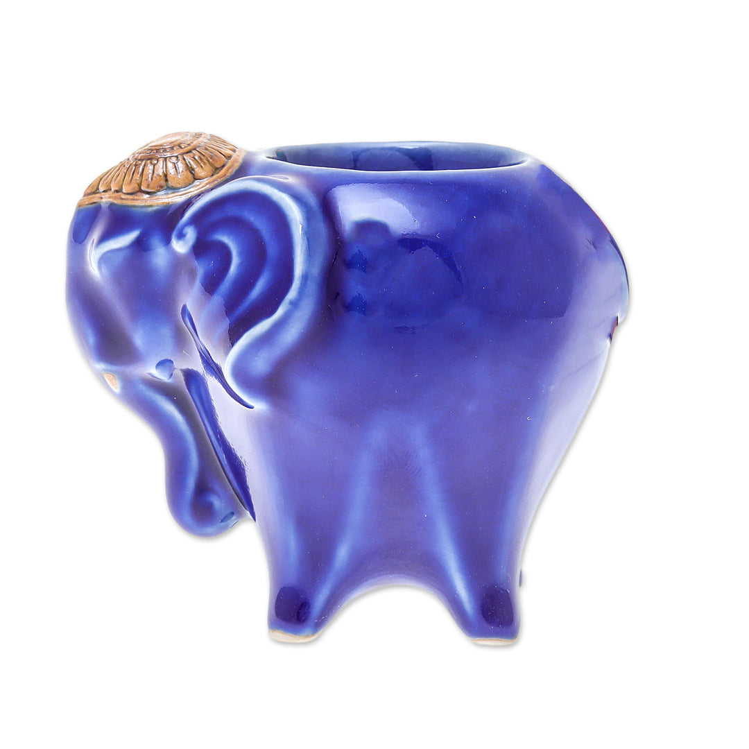 Handcrafted Ceramic Elephant Tealight Holder in Blue - Serene Elephant