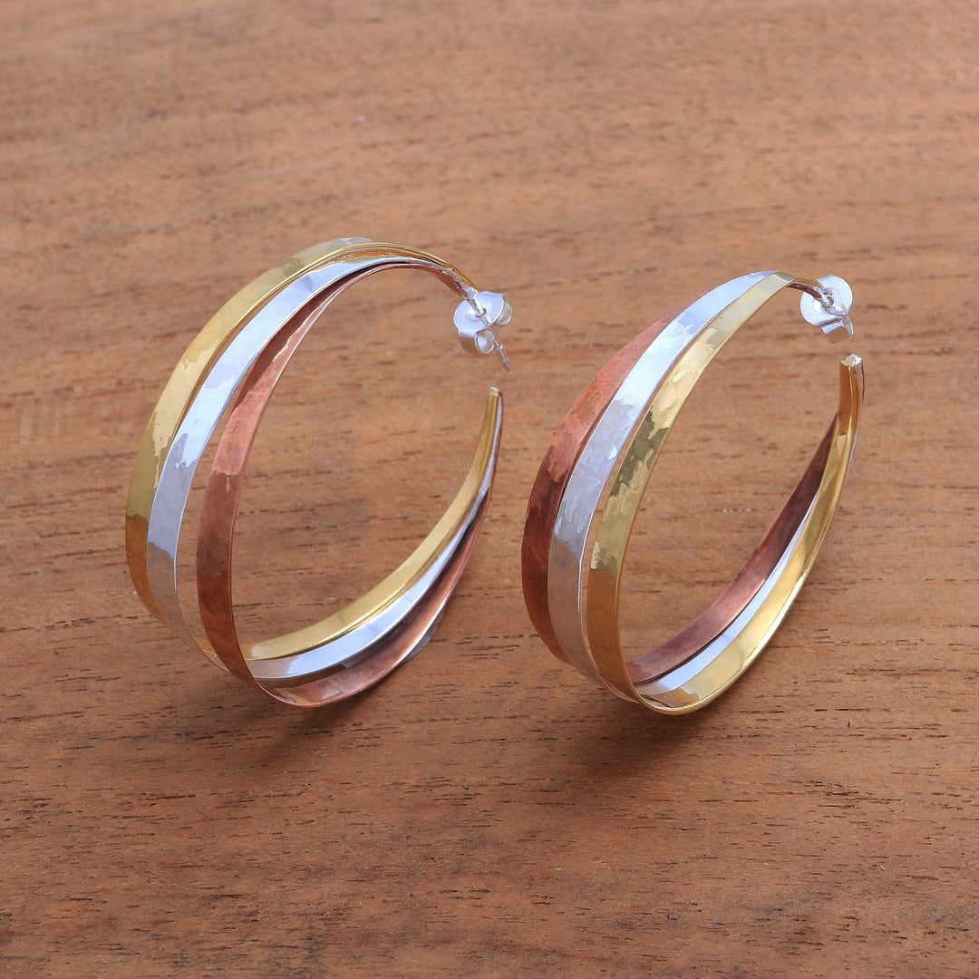 Gold Accent Sterling Silver Half-Hoop Earrings from Bali - Metallic Rainbow