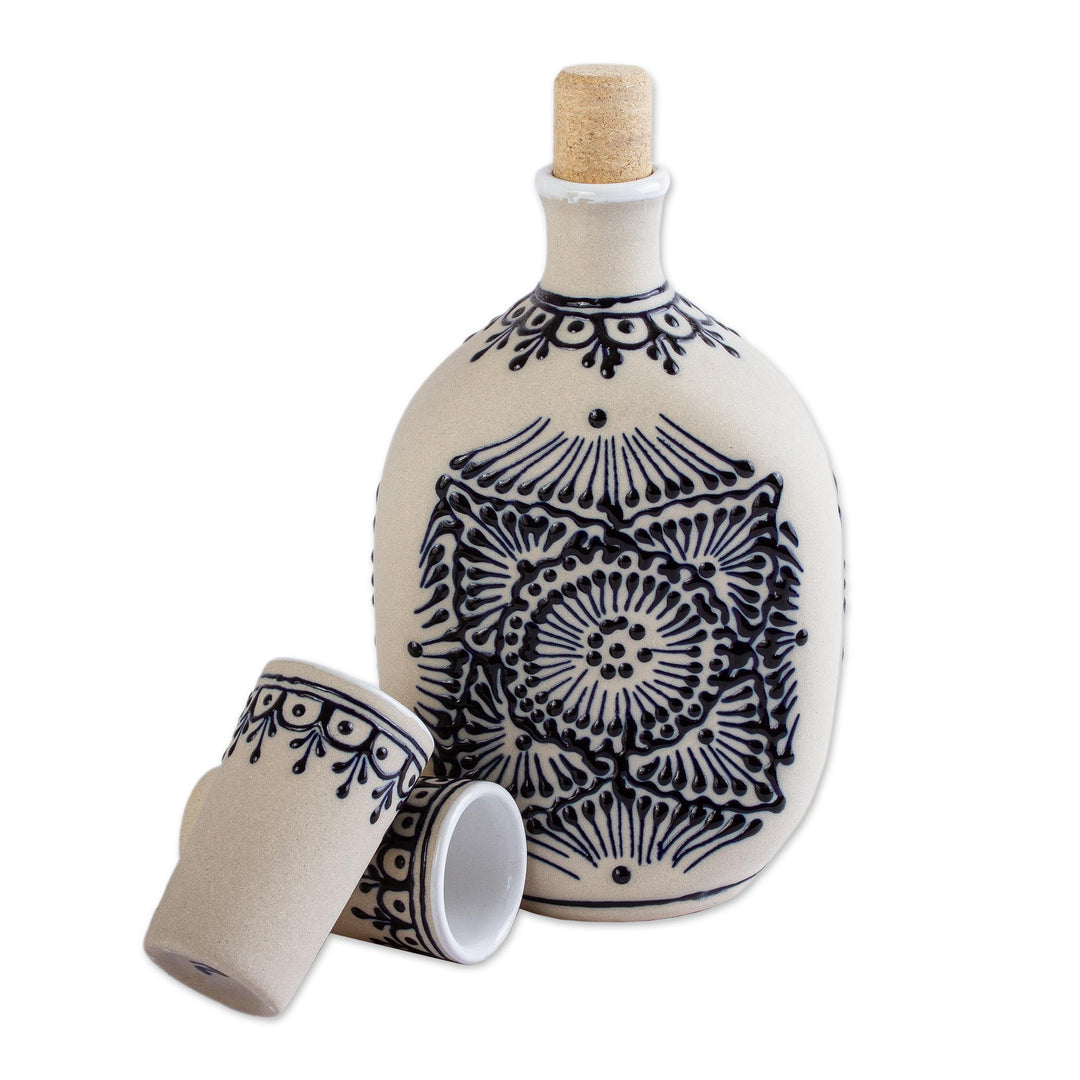 Beige Talavera Style Tequila Decanter and Glasses (Set of 3) - Traditional Spirit