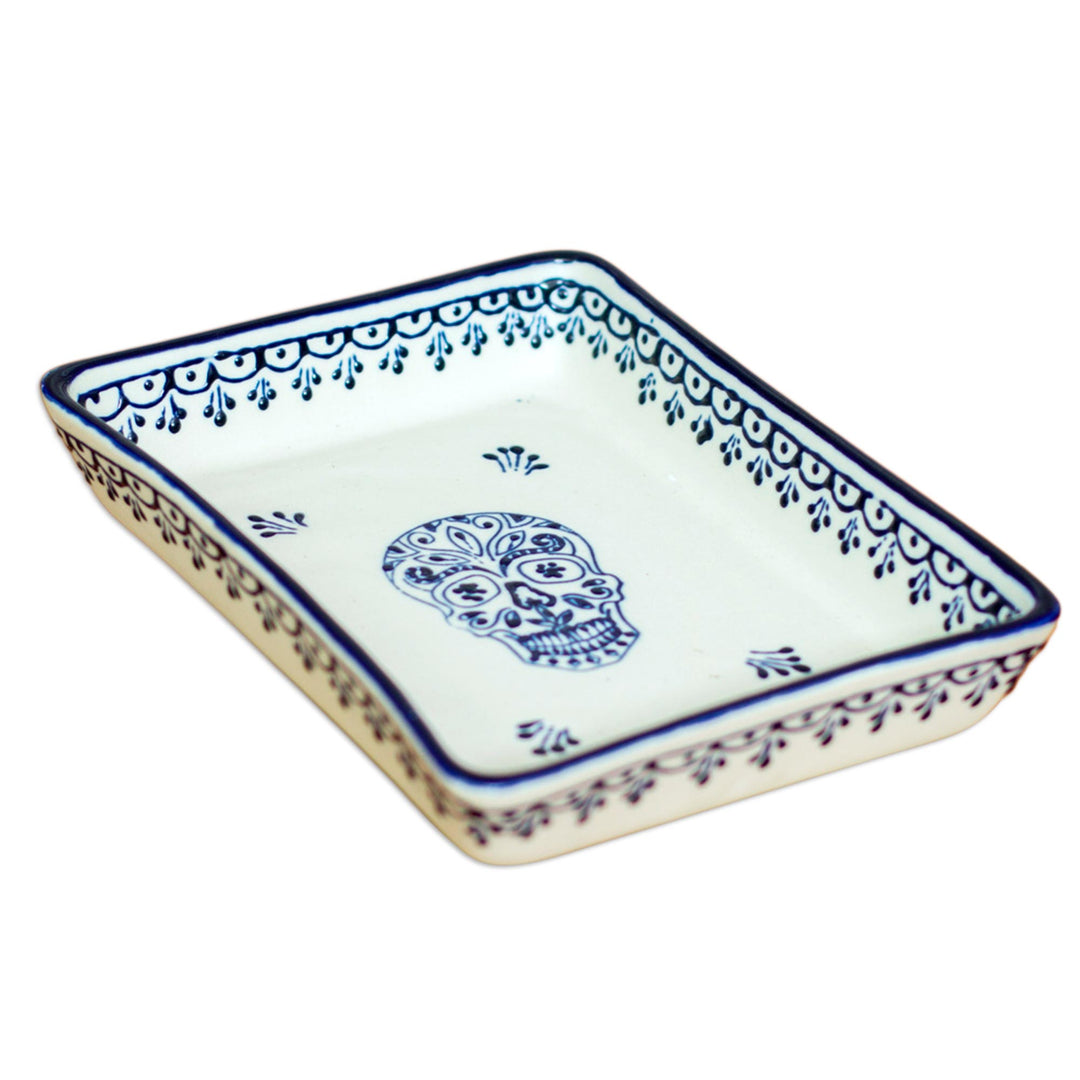 Blue and Cream Day of the Dead Skull Ceramic Serving Dish - Sugar Skull Server