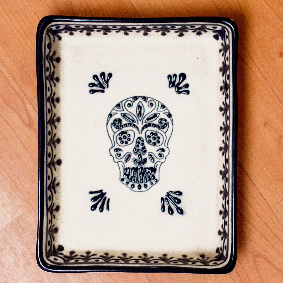 Blue and Cream Day of the Dead Skull Ceramic Serving Dish - Sugar Skull Server