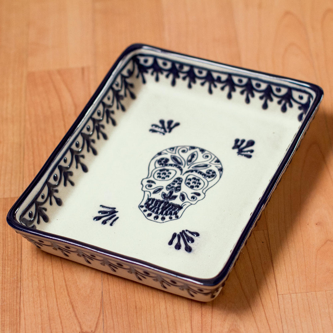 Blue and Cream Day of the Dead Skull Ceramic Serving Dish - Sugar Skull Server