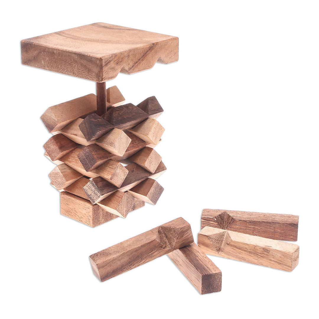 18-Piece Raintree Wood Tower Puzzle from Thailand - Tower of Pisa