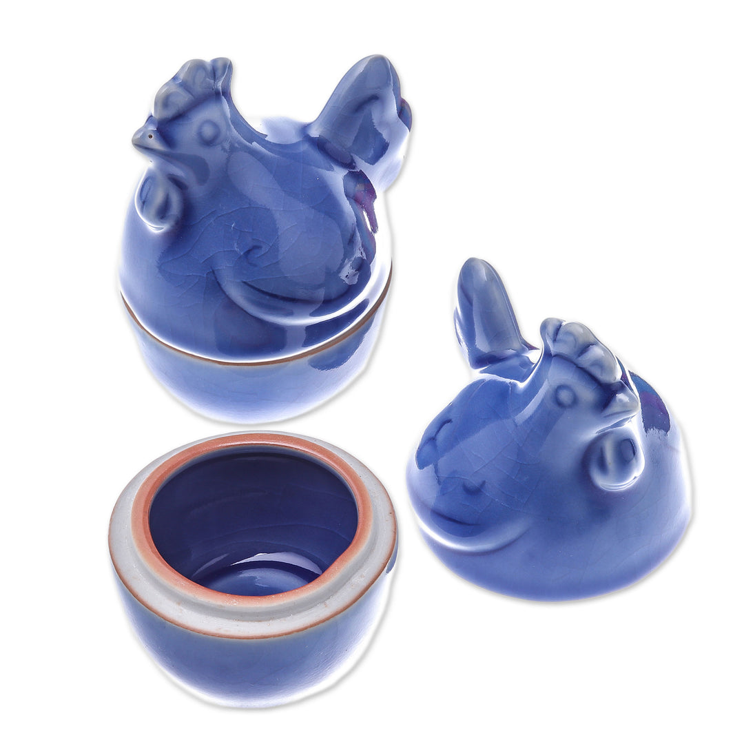 Blue Ceramic Hen Egg Cups from Thailand (Pair) - Hen Breakfast