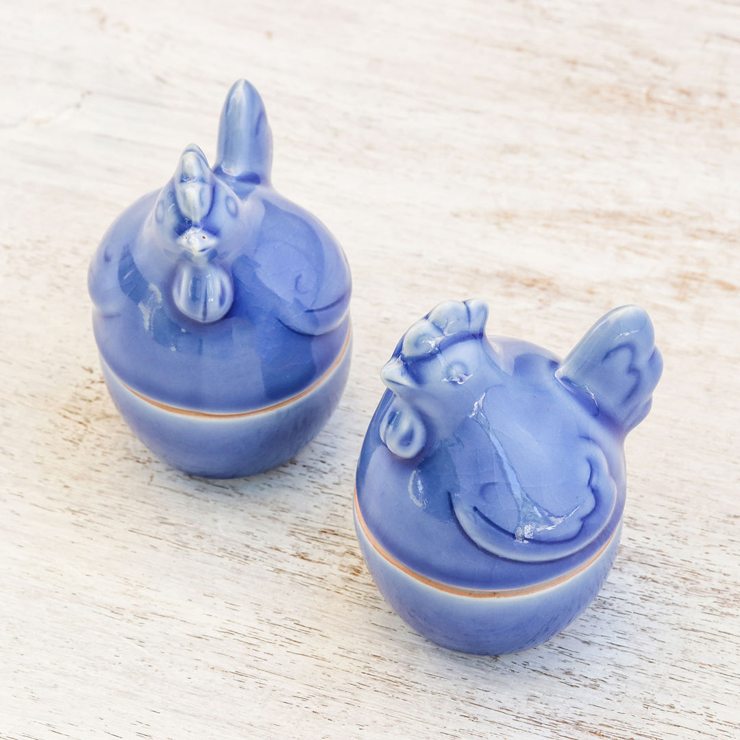 Blue Ceramic Hen Egg Cups from Thailand (Pair) - Hen Breakfast