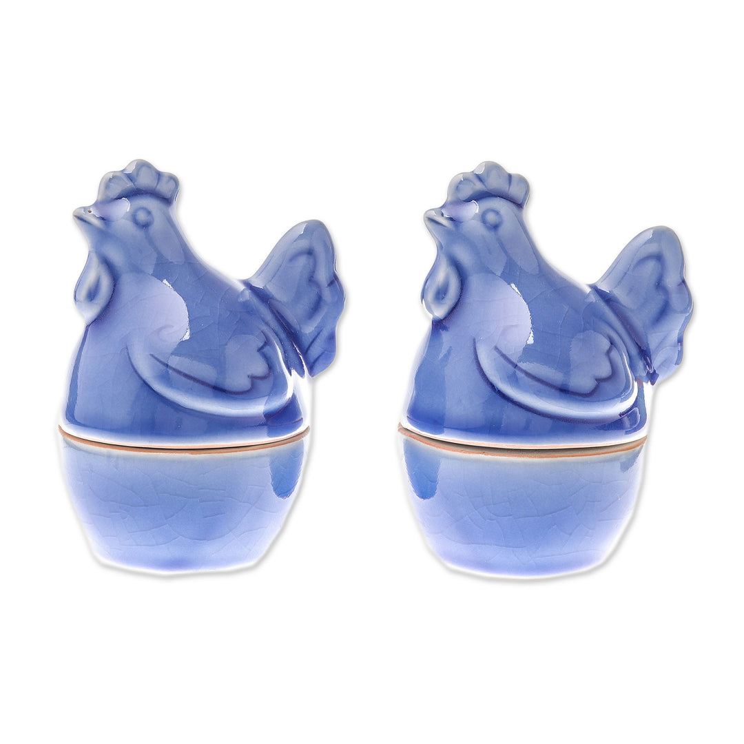 Blue Ceramic Hen Egg Cups from Thailand (Pair) - Hen Breakfast