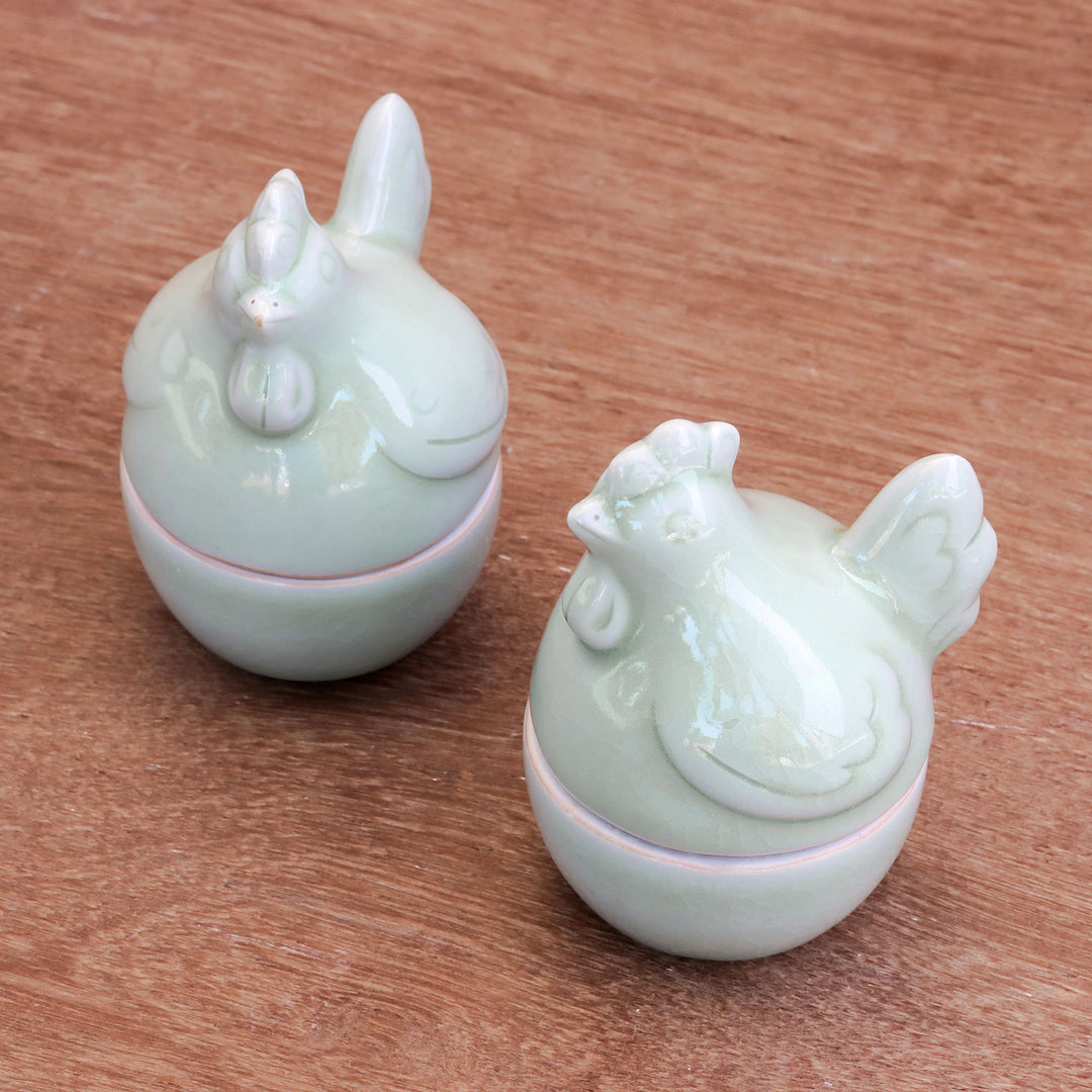 Celadon Ceramic Hen Egg Cups from Thailand (Pair) - Hen Breakfast