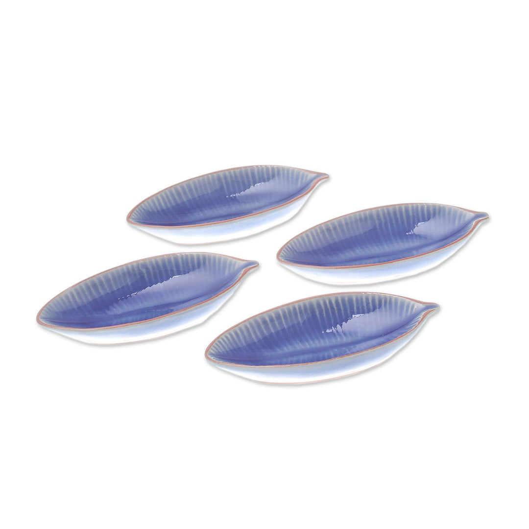 Leaf-Shaped Blue Ceramic Appetizer Bowls (Set of 4) - Festive Banana