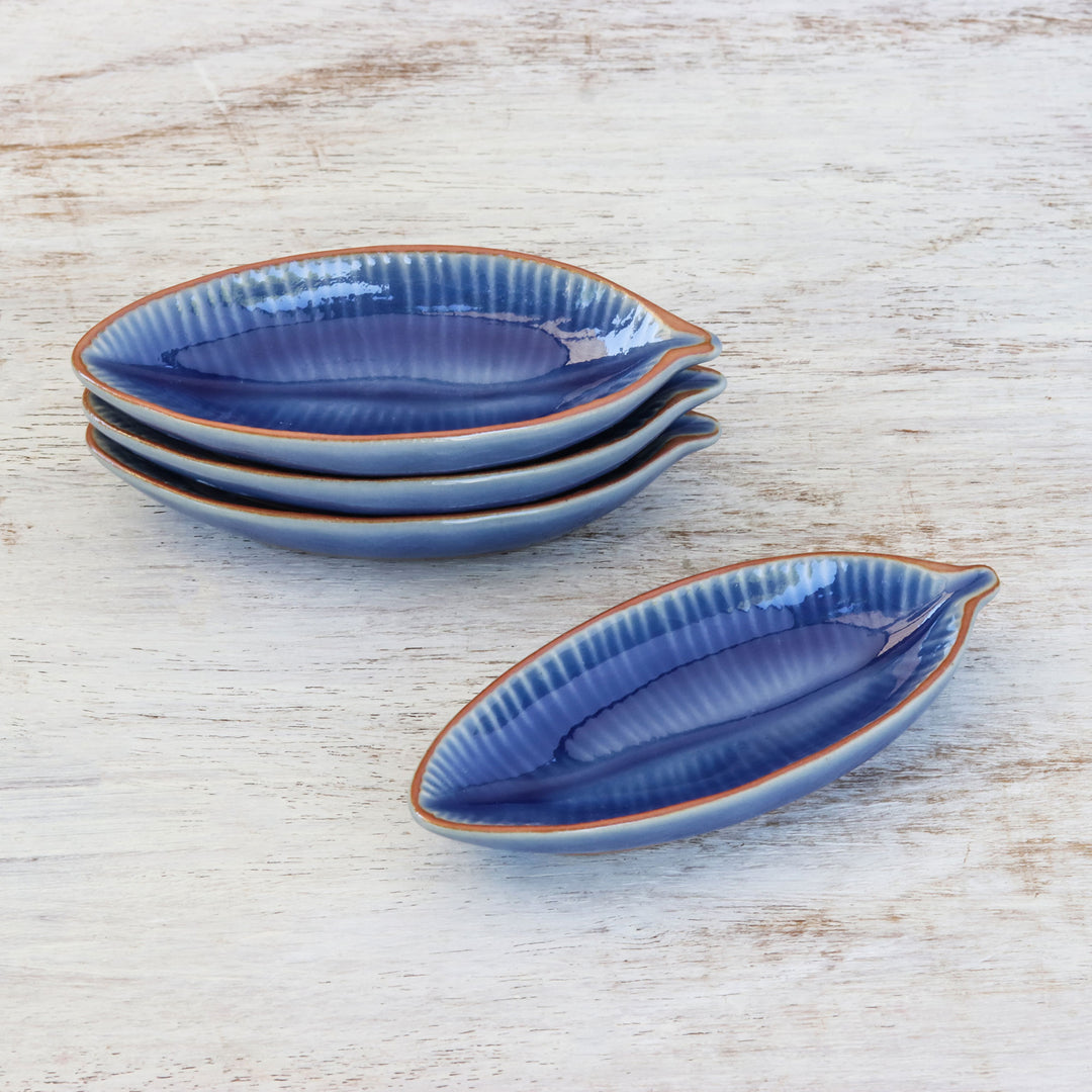 Leaf-Shaped Blue Ceramic Appetizer Bowls (Set of 4) - Festive Banana