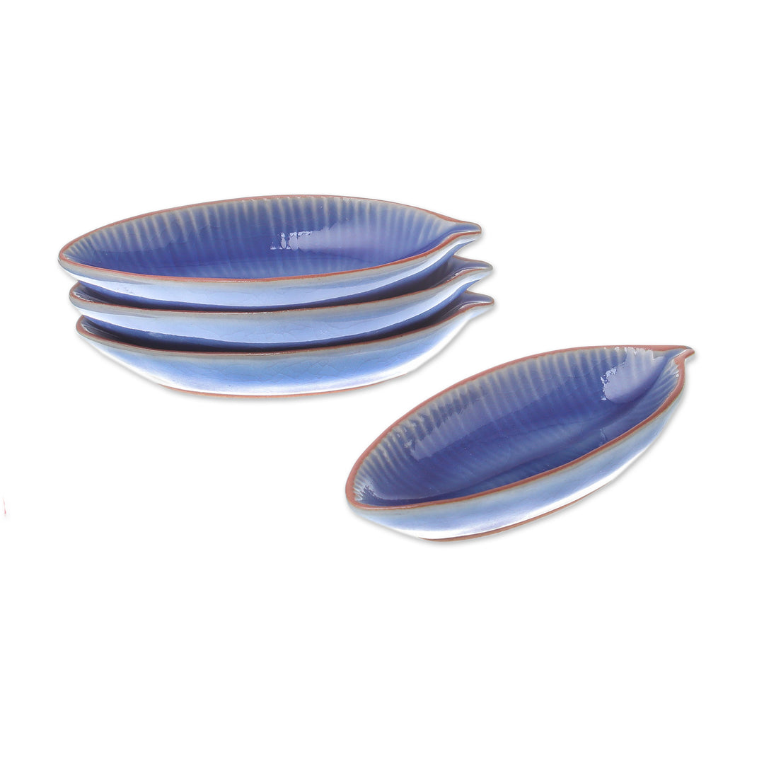 Leaf-Shaped Blue Ceramic Appetizer Bowls (Set of 4) - Festive Banana