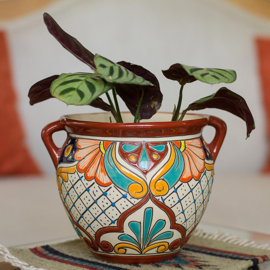 Talavera Style Russet Rim Floral Ceramic Flowerpot Urn - Sunlit Stroll
