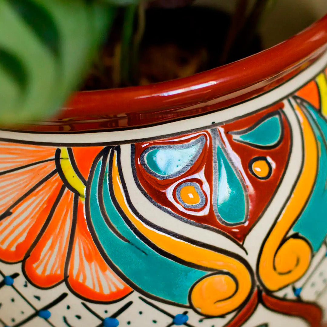 Talavera Style Russet Rim Floral Ceramic Flowerpot Urn - Sunlit Stroll