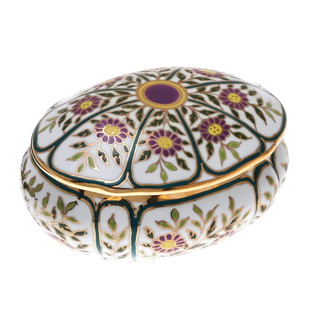 Violet Motif Gilded Porcelain Decorative Box from Thailand - Benjarong Violets