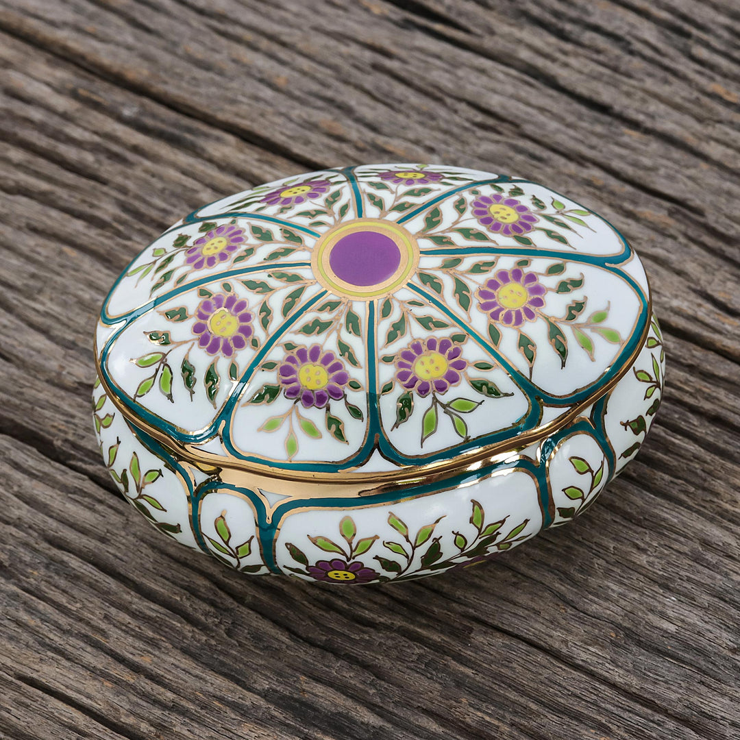 Violet Motif Gilded Porcelain Decorative Box from Thailand - Benjarong Violets